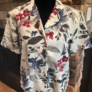 Alfred Dunner Floral Button Down Shirt - Red, Blue, Black Size 10 Petite